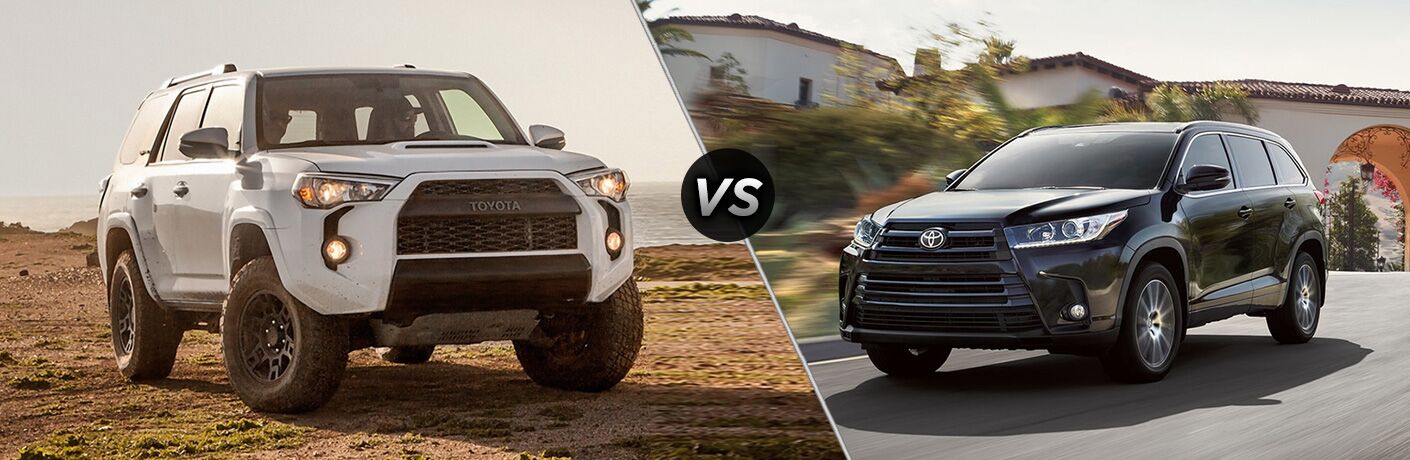 2018 Toyota 4Runner exterior front fascia and passenger side on dirt vs 2018 Toyota Highlander exterior front fascia and drivers side going fast on road