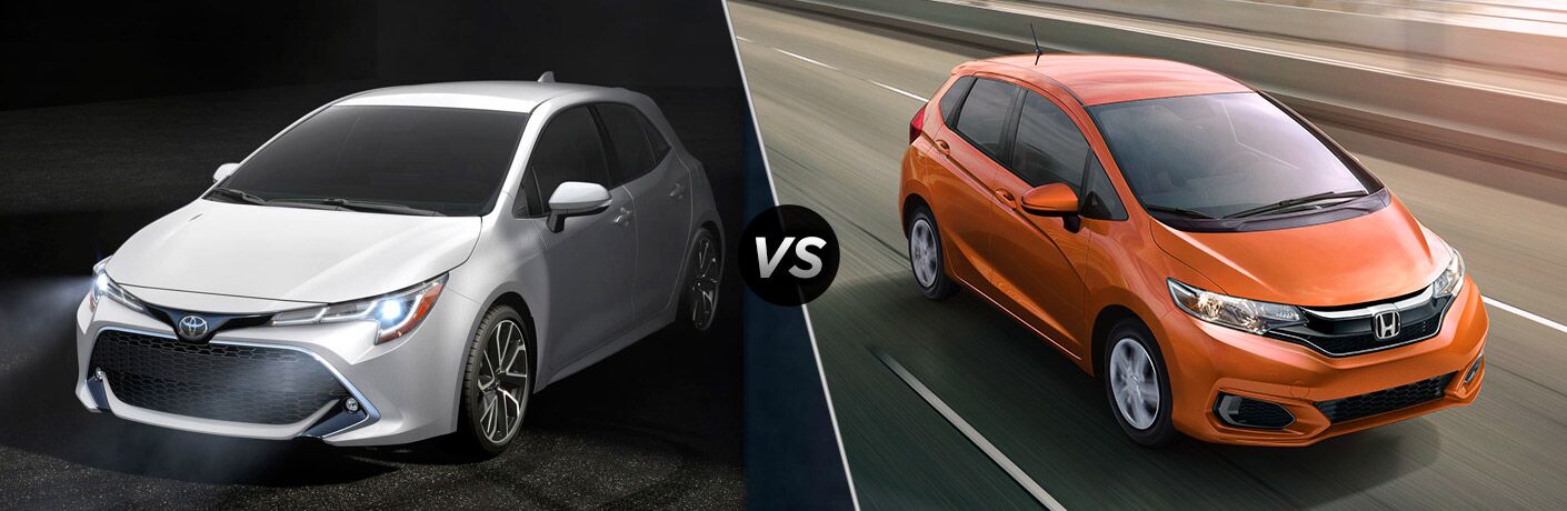 2019 Toyota Corolla Hatchback exterior front fascia and drivers side vs 2019 Honda Fit exterior front fascia and passenger side
