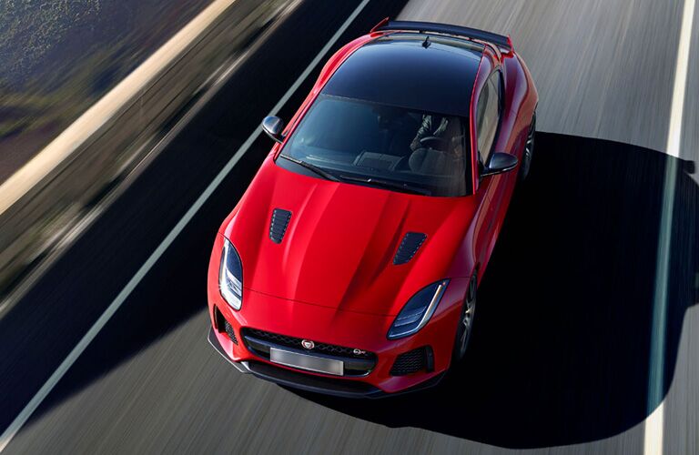 Overhead View of Red 2019 Jaguar F-TYPE SVR Coupe on a Highway
