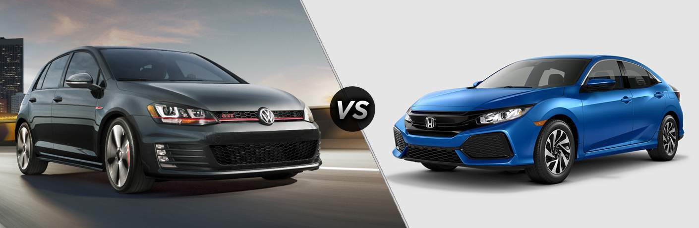 2018 Volkswagen Golf GTI parked on top of a parking garage vs 2018 Honda Civic parked in a white room