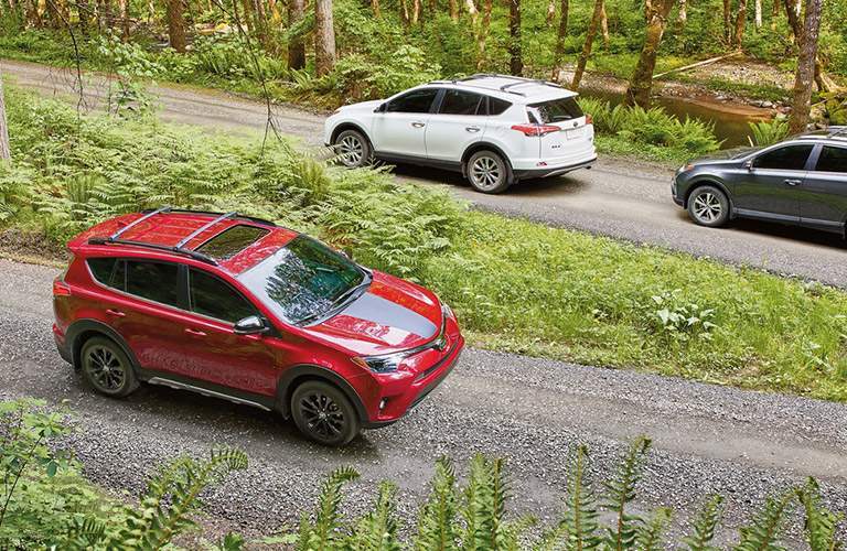 Red, White and Gray 2018 Toyota RAV4 Models Driving on Wooded Roads