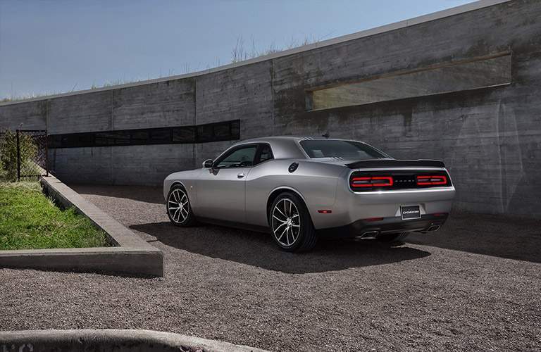 rear and side view of a grey 2018 Dodge Challenger