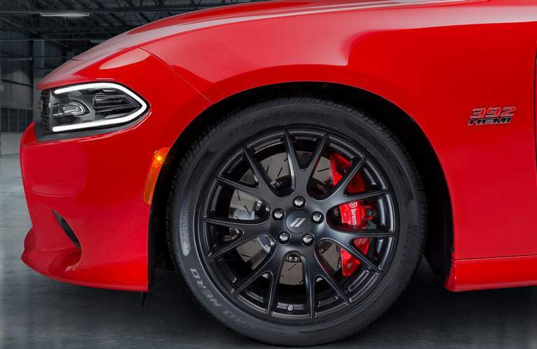 wheel close up on a red 2018 Dodge Charger