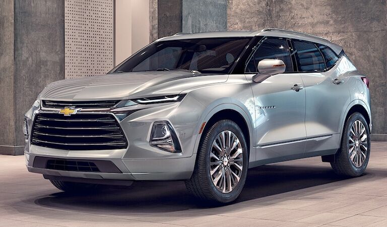 front and side view of silver 2019 chevrolet blazer
