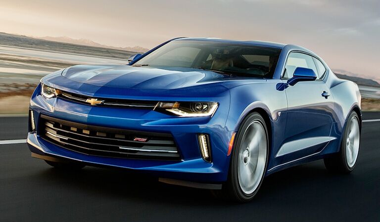 front and side view of blue 2018 chevy camaro