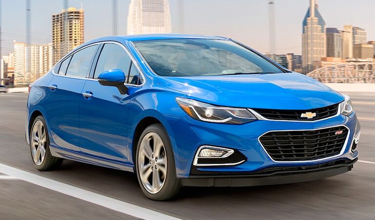 front and side view of blue 2018 chevy cruze