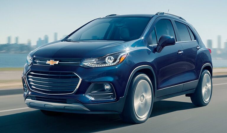 front and side view of blue 2018 chevrolet trax