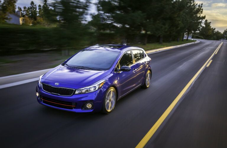 2018 Kia Forte5 exterior front blue on road