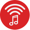 Red icon of a music note with broadcast.