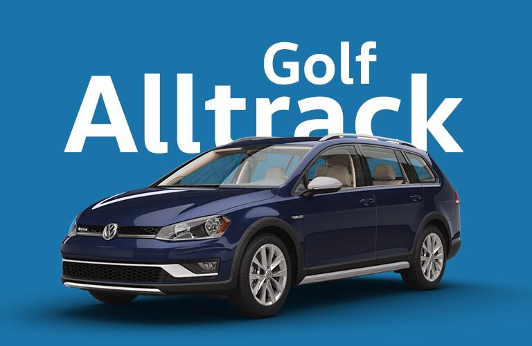 Dark blue/purplish Volkswagen Golf Alltrack sits in front of a blue background and white text that reads, "Golf Alltrack."