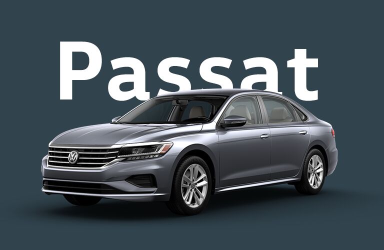 Blackish Volkswagen Passat that sits in front of a black background and gigantic white text that reads, "Passat."
