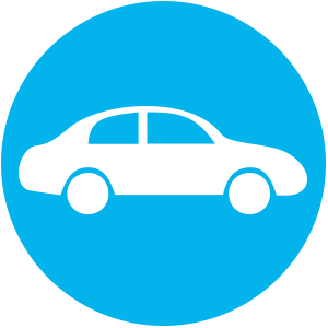 A blue icon overlaid by a white car illustration.