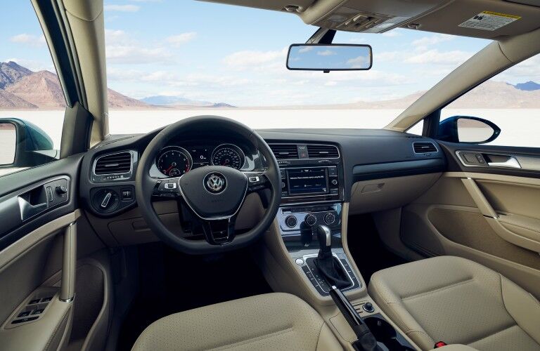 A photo of the driver's cockpit and dashboard in the 2021 Volkswagen Golf.
