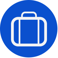 Blue circle icon with white luggage logo.