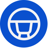 Blue circle icon with white steering-wheel logo.