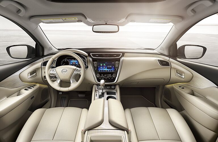 front interior of 2018 nissan murano including seats, dashboard, transmission and steering wheel