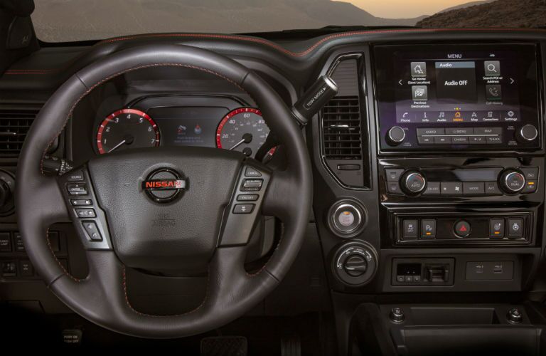 A photo of the center gauge cluster used in the 2020 Nissan Titan.