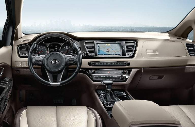 Front dash, steering wheel, and navigation system in 2018 Kia Sedona