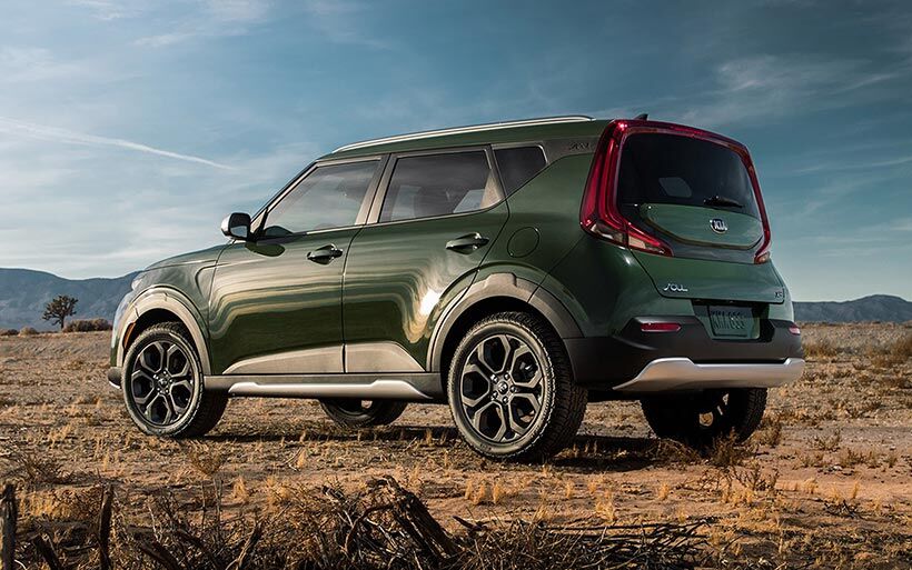 A 2020 Kia Soul in a dry lake bed