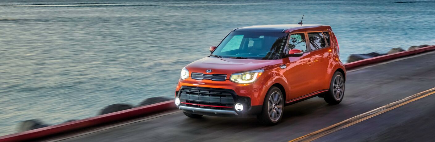 2019 Kia Soul exterior front fascia and drivers side with blurred water on bridge