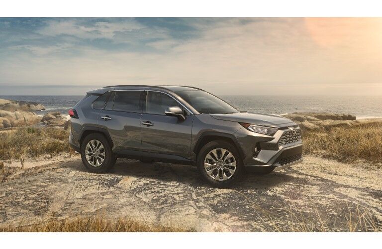 2019 Toyota RAV4 exterior side shot with gray metal paint color parked on a dome of rock and sand near a cloudy dawn beach