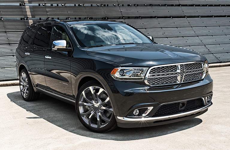 black or silver 2017 Dodge Durango with a dramatic grille view