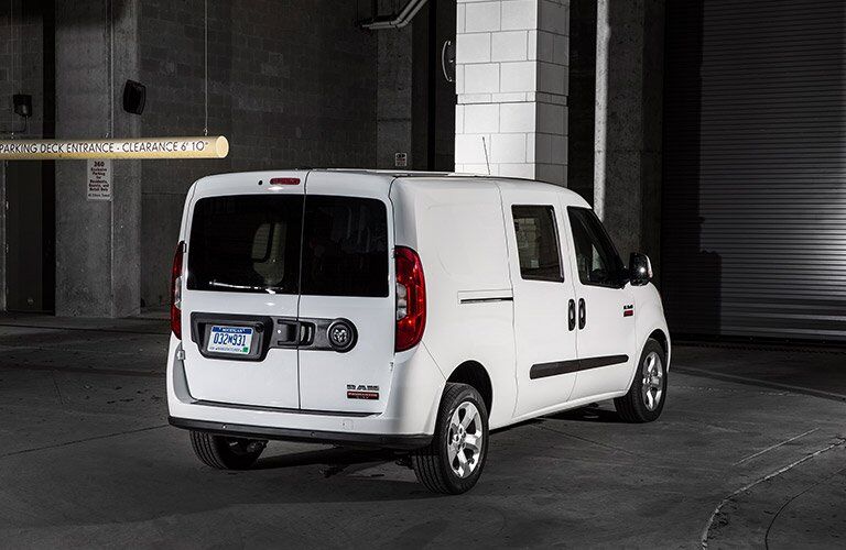 rear view of a white 2017 Ram ProMaster City in a parking garage