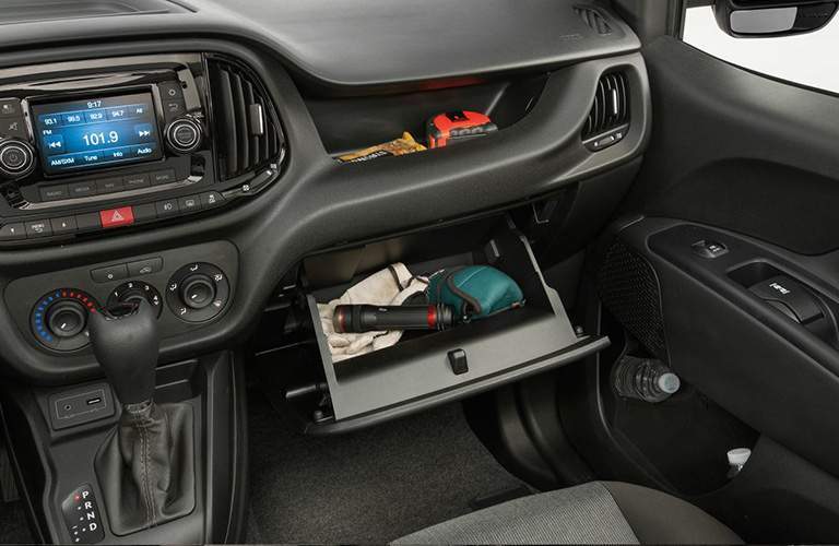Uconnect system and glove box in the 2018 Ram ProMaster City