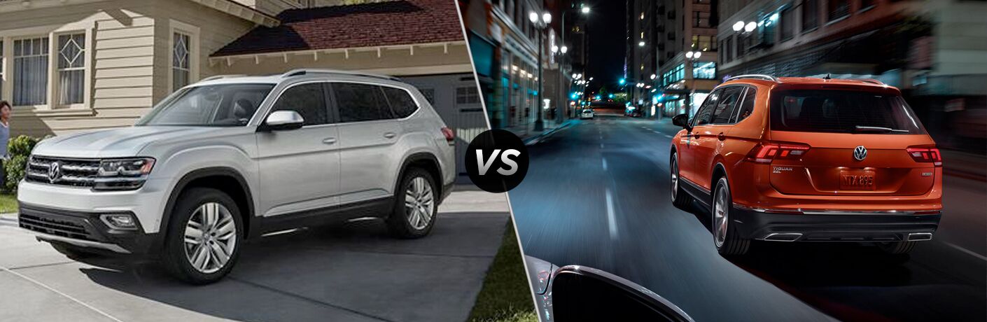 Silver 2019 Volkswagen Atlas on left. "VS" icon in the middle. Orange 2019 Volkswagen Tiguan on right.