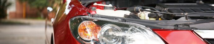 Close up of car with hood up showing engine