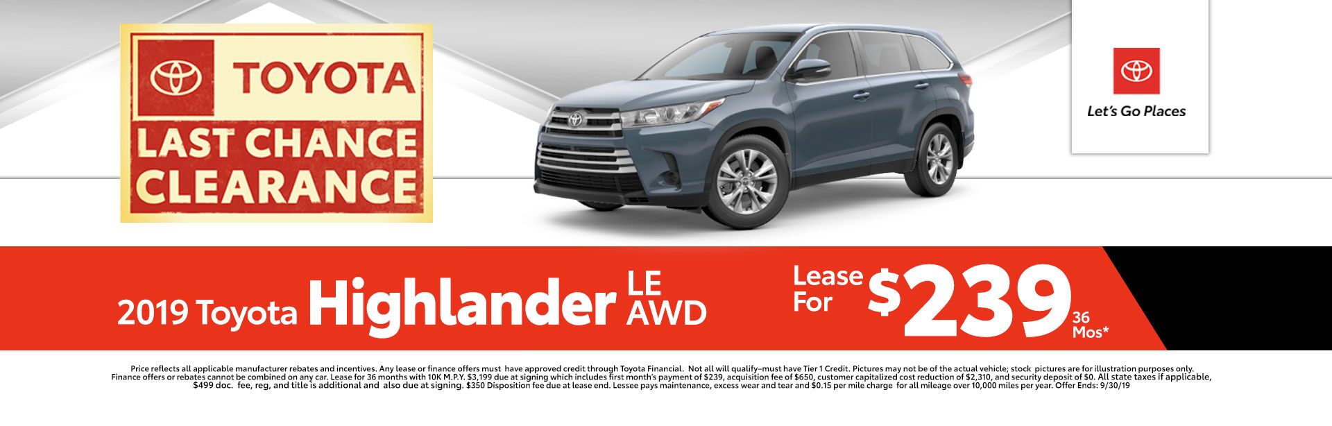 2019 Toyota Highlander LE V6 4WD for as low as $329 a month for 36 months 2019 Toyota Highlander LE V6 at McGee Toyota of Epping