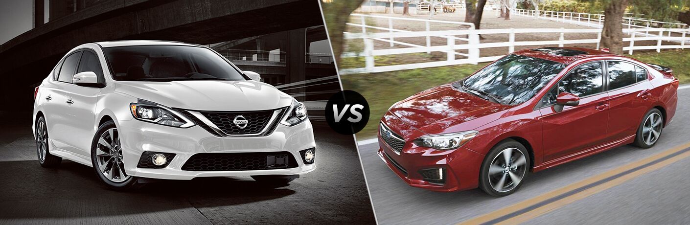 Comparison image of white 2018 Nissan Sentra and red 2018 Subaru Impreza