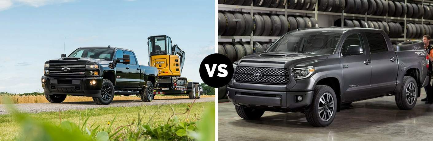 2018 Chevrolet Silverado and a 2018 Toyota Tundra with a "vs" between them.