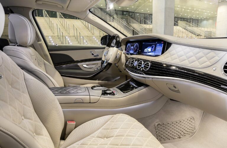 Interior shut of the luxury seating and steering wheel in a Mercedes-Benz S-Class