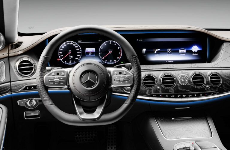 Interior shot of the steering wheel and the display in the 2018 Mercedes-Benz S-Class