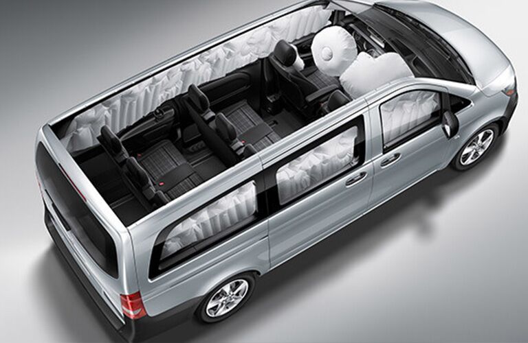 aerial view of 2018 mercedes-benz metris passenger van with interior seating and airbags