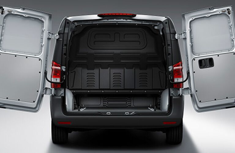 rear cargo space of 2018 mercedes-benz metris cargo van with rear doors open