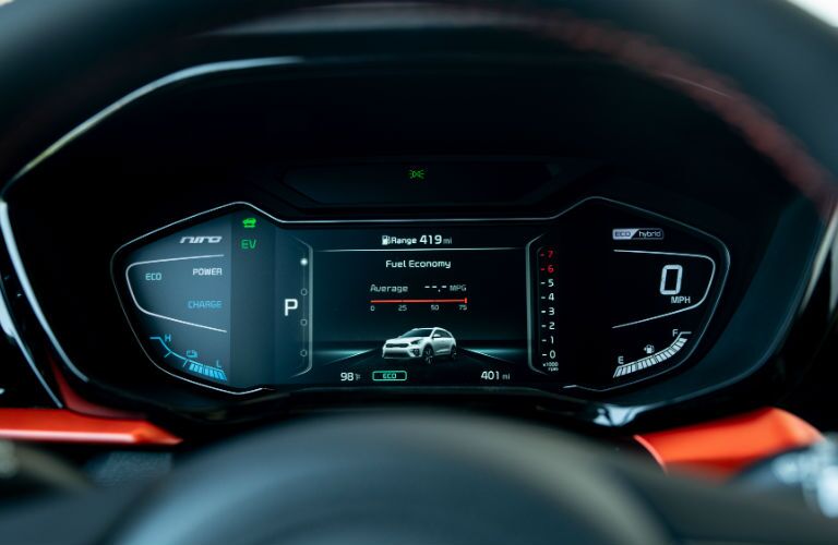 A photo of the center gauge cluster in the 2020 Kia Niro.