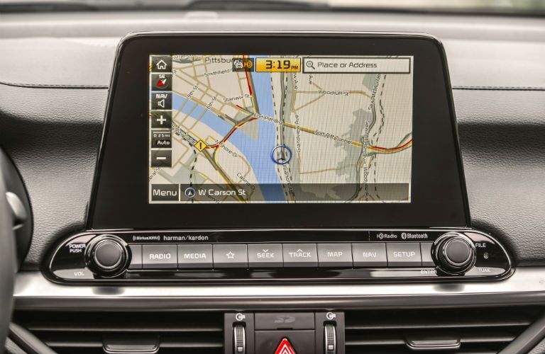 A photo of the touchscreen showing navigation functionality in the 2020 Kia Forte.