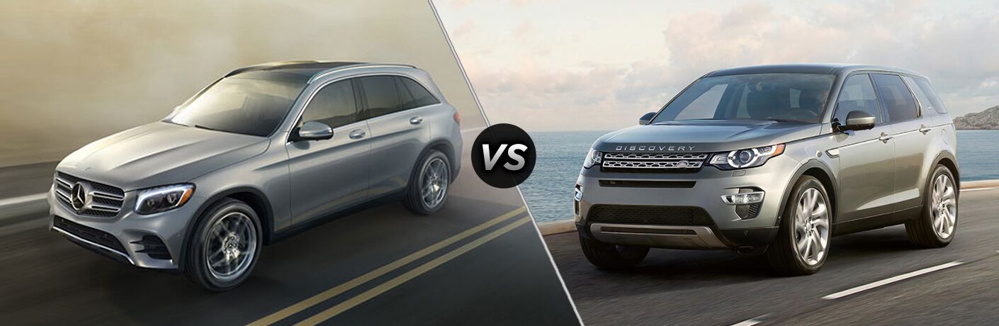 2018 Mercedes-Benz GLC 300 driving on a foggy highway vs 2018 Land Rover Discovery Sport driving on a foggy highway near a body of water