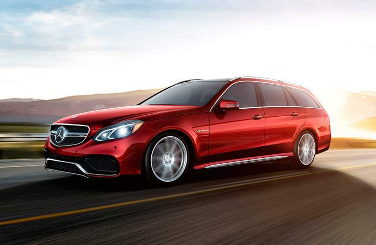 2018 Mercedes-Benz E-Class Wagon red driving down open highway