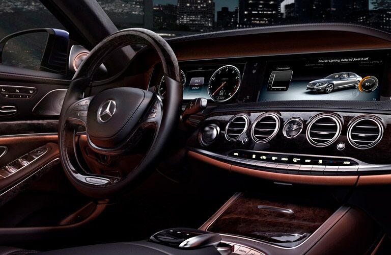 steering wheel and infotainment system of the 2017 Mercedes-Benz S-Class