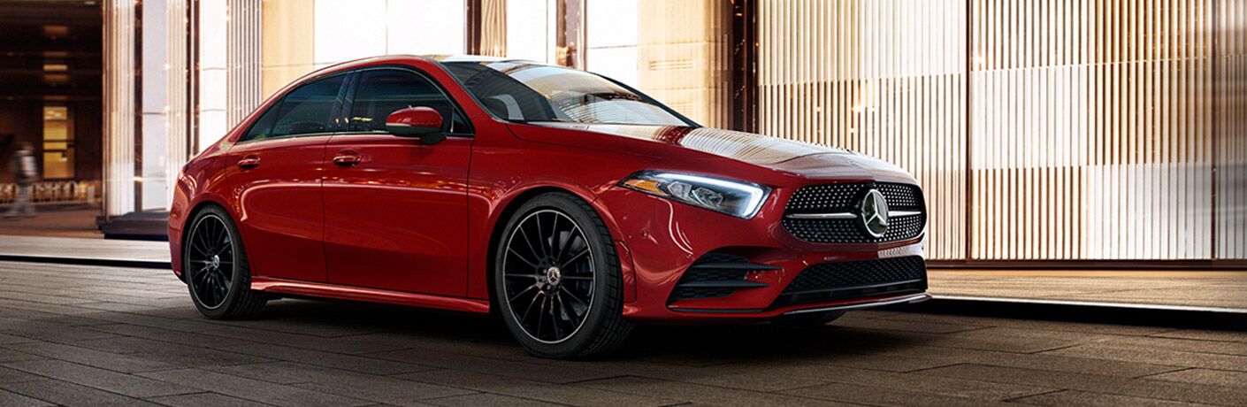 A front right quarter photo of the 2021 Mercedes-Benz A-Class Sedan.
