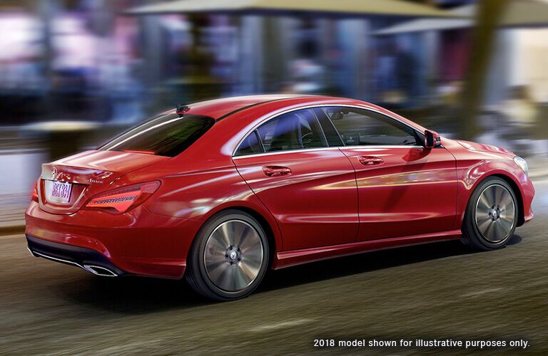 rear and side view of red 2019 mercedes-benz cla