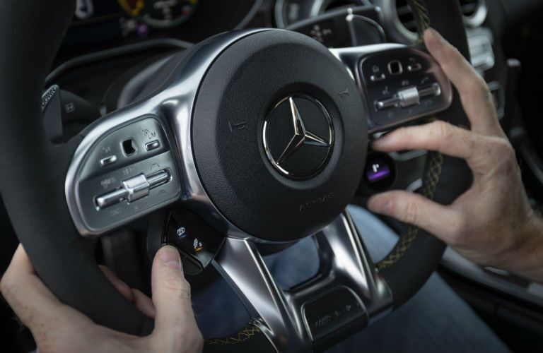 close up on steering wheel in 2019 mercedes-benz c-class