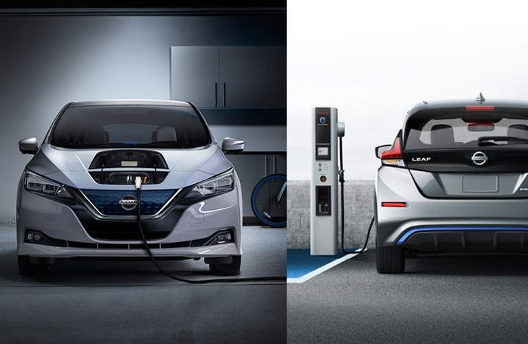 split screen showing front and back of 2018 nissan LEAF while filling up