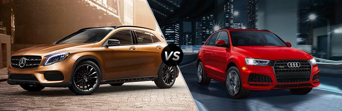 side by side images of an orange 2018 Mercedes-Benz GLA and a red 2018 Audi Q3