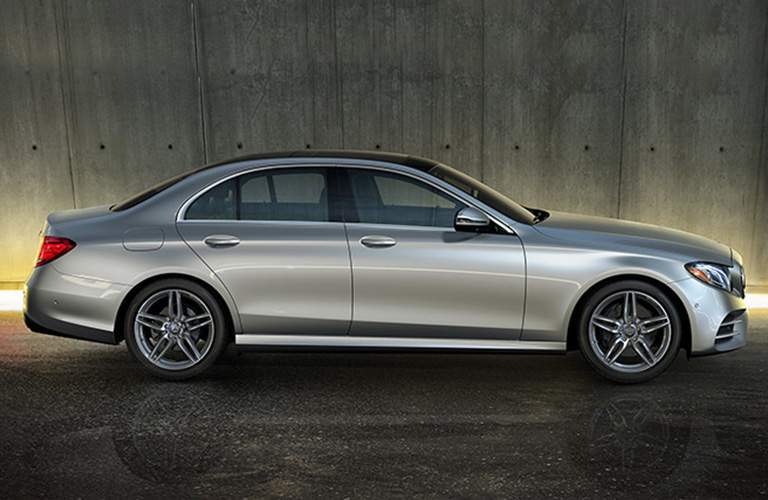 side view of a silver 2018 Mercedes-Benz E-Class