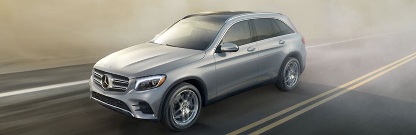 side view of a silver 2018 Mercedes-Benz GLC 300