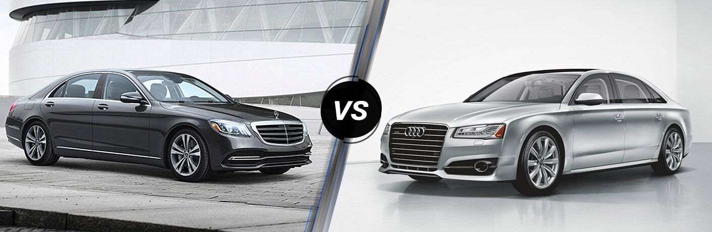 side by side images of the 2018 Mercedes-Benz S-Class and 2018 Audi A8